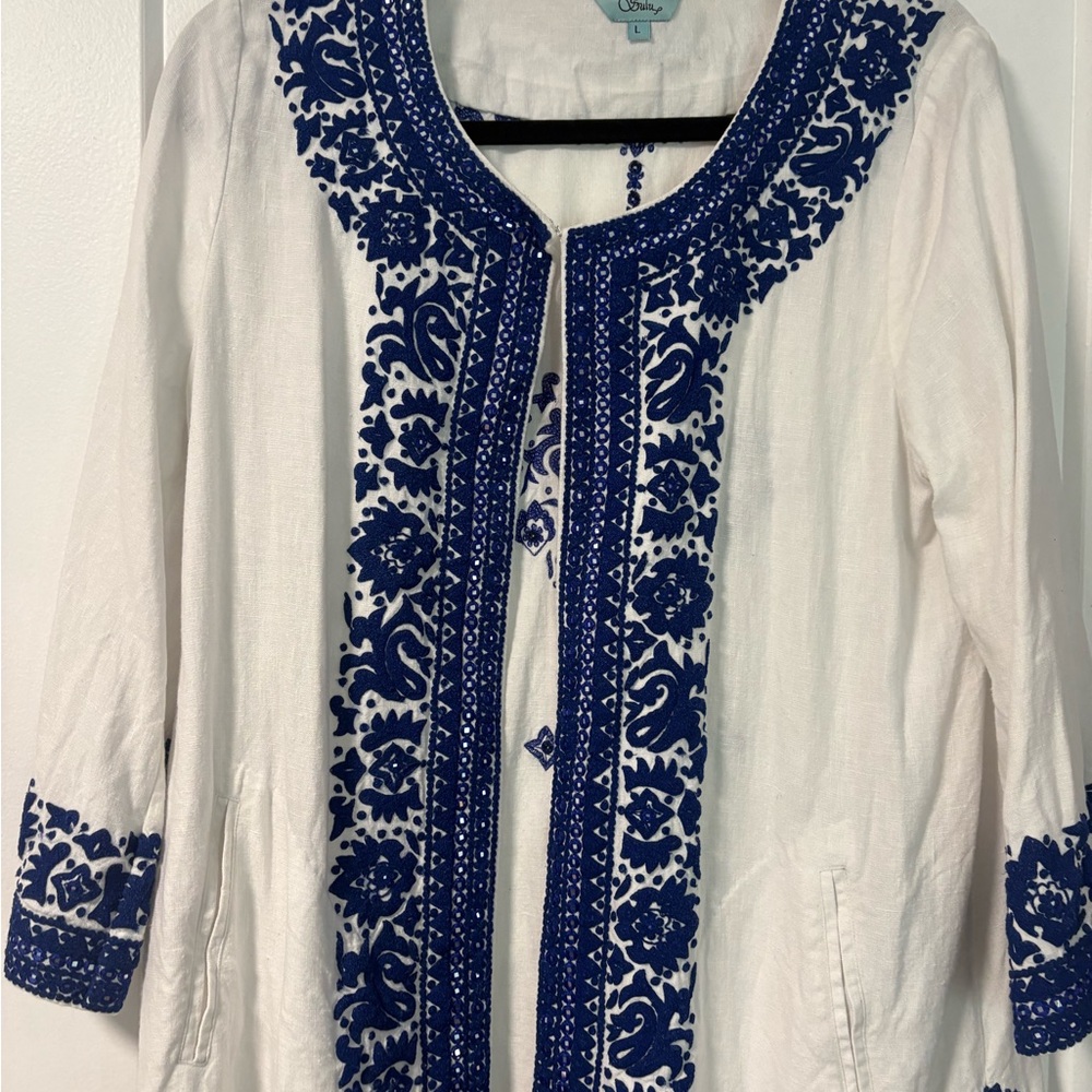Sulu Vintage White and Blue Embroidered Dress